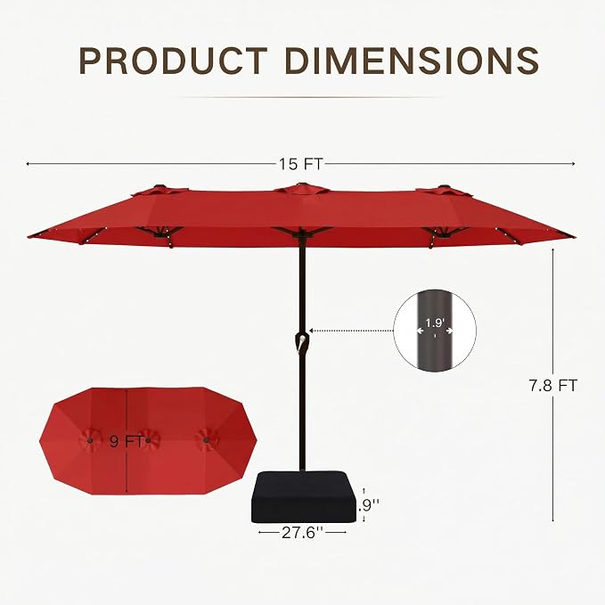 Kingdura 15ft Large Patio Umbrella with Solar Lights, Double-Sided Rectangle Lighted Outdoor Table Umbrella with Base Included, 12 Reinforced Ribs, 48 Led Lights, Crank Lift for Market Pool Deck Backyard, Red