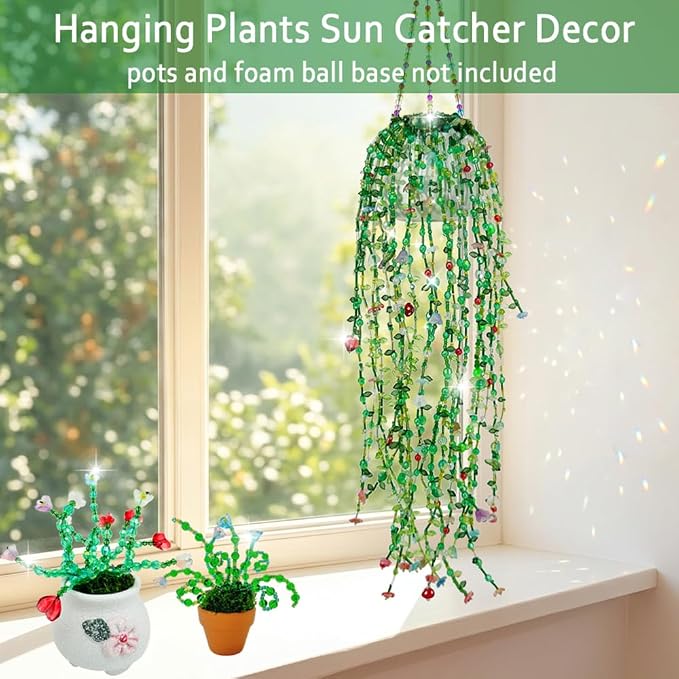 Green Glass Beads Beaded Plant Kit, 5880pcs DIY Leaf Flower Beads for Plant DIY Crafts and Jewelry Making Hanging Suncatchers Crystal Forever Plants with Tutorials Garden Decor Gifts for Adults