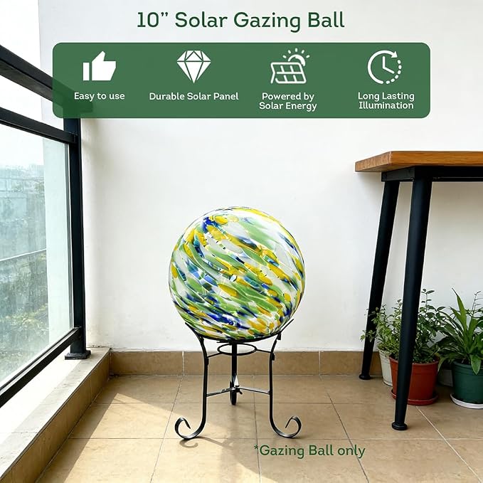 Lily's Home Gazing Ball - 10" Glass Globe with Solar Powered Lights - Outdoor Solar Lights for Yard & Patio - Garden Decor - Automatic On/Off Photosensitive Switch - Meadow Breeze
