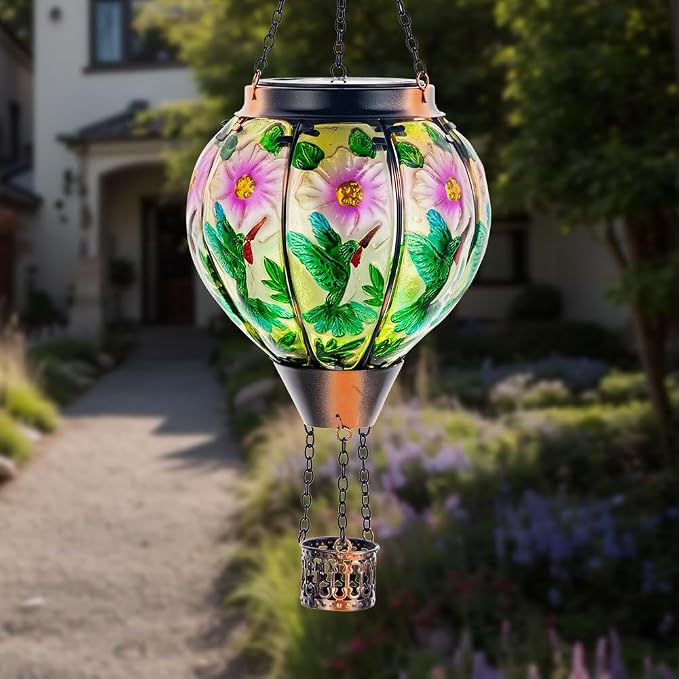 DREAMSOUL Hummingbird Hot Air Balloon Solar Lantern, Hanging Solar Lanterns Outdoor with Flickering Flame Light, Metal & Glass Solar Lanterns Outdoor Waterproof for Patio Yard Decor