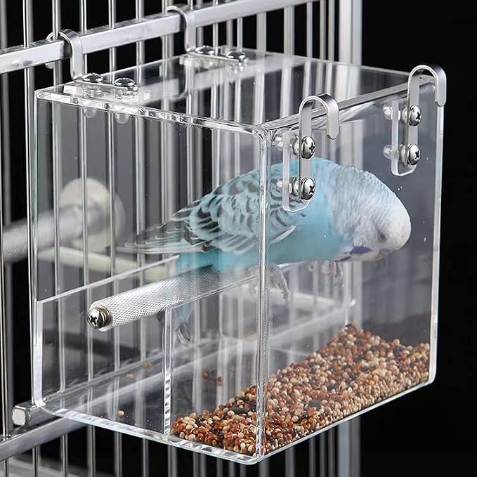Automatic Bird Feeder for Cage, Automatic Acrylic Bird Feeder No Mess Bird Cage for Small Bird Parrots Canary Parakeet Budgerigar Crested Myna Cockatiel (L: 6.2" x 6.3" x 6.3")