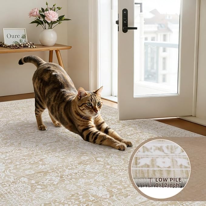 10x14 Area Rugs Living Room: Bedroom Washable Carpet Natural Beige | Large Vintage Boho Indoor Decor Carpets Soft Nursery Farmhouse Dining Room Office Floor Non-Slip Low Pile Under Table Rug