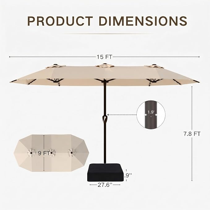 Kingdura 15ft Large Patio Umbrella with Solar Lights, Double-Sided Rectangle Lighted Outdoor Table Umbrella with Base Included, 12 Reinforced Ribs, 48 Led Lights, Crank Lift for Market Pool Deck Backyard, Beige