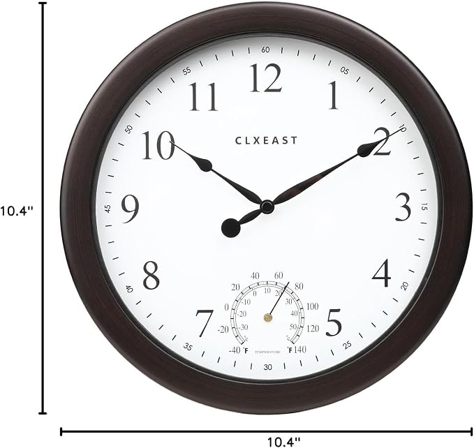 CLXEAST 10.4 Inch Indoor Outdoor Clocks Waterproof,Outdoor Clock with Temperature for Bathroom,Patio, Pool,Kitchen,Oil Rubbed Bronze Black Finish,House Warming Gifts New Home