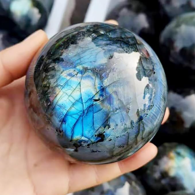 2-2.4 inch Natural Labradorite Crystal Ball with Stand, Hand Polished Iridescent Flash Stone Sphere, Reiki Healing Gemstone Sphere, Feng Shui Home Desktop Decor, Spiritual Meditation Gift