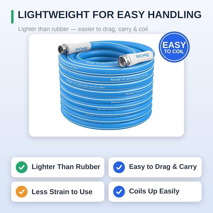 FEVONE Kink Free Garden Hose 75 ft, Heavy Duty Water Hose | Flexible Hybrid Polymer, Drinking Water Safe, 5/8 ID, 600 PSI, Leak-Proof, Aluminum 3/4 GHT Fittings for Garden Watering