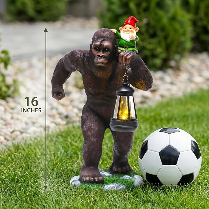 Solar Bigfoot Garden Statue with Gnome & Lantern, 16 Inch Sasquatch Decor | Large resin outdoor statue for patios and yard. Funny Bigfoot gift for husbands, dads, grandpas and Sasquatch fans.