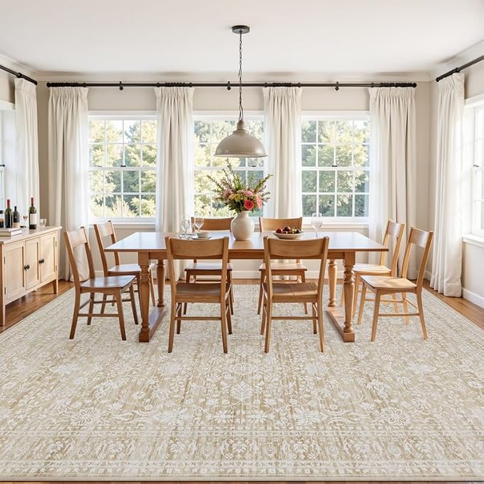 6x9 Area Rugs Living Room: Bedroom Washable Carpet Natural Beige | Large Vintage Boho Indoor Decor Carpets Soft Nursery Farmhouse Dining Room Office Floor Non-Slip Low Pile Under Table Rug