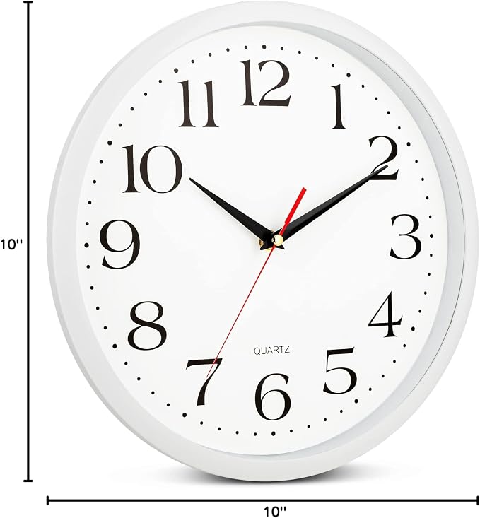 Bernhard Products White Wall Clock Silent Non Ticking, 12 Inch Quality Quartz Battery Operated Round Easy to Read Home/Office/Kitchen/Classroom/School Sweep Clock, Black Hands