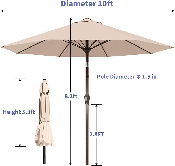 Kingdura 10FT Outdoor Patio Umbrella, Round Market Table Umbrella with Push‑Button Tilt and Crank Lift, 8 Sturdy Metal Ribs, UV50+ Protection Canopy for Backyard, Lawn, Deck, Poolside, Garden (Beige)