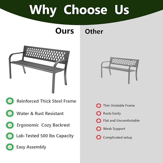 Outdoor Bench, Garden Patio Park Entryway Metal Bench with Comfortable Backrest, Sturdy Heavy Duty Loveseat Front Porch Backyard Lawn Furniture for Outside