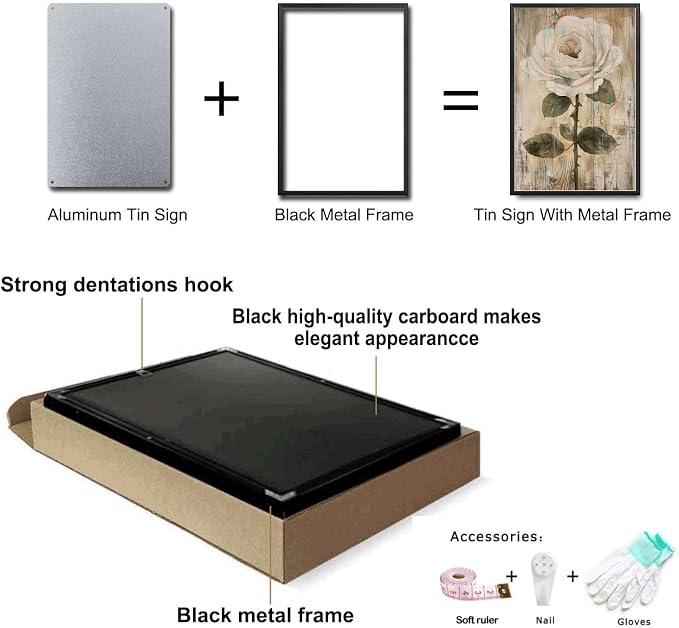 Metal Sign Tin Sign Vintage Antique Rose Wall Art Tin Sign for Vintage Aesthetics Distressed Wood Surfaces and Rustic Eleganc Bar Signs for Home Decor for Room 8×12 Inches with Metal Frame
