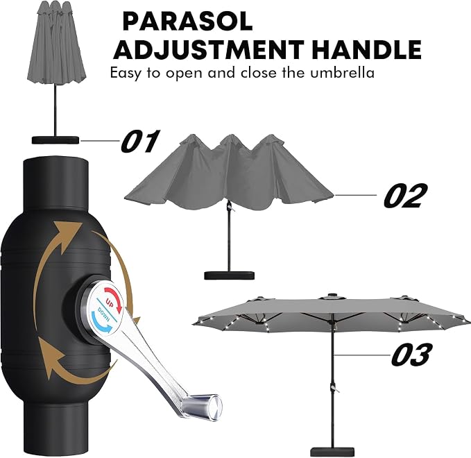 DomeShade 15ft Double-Sided Rectangle Patio Umbrella with 36 LED Solar Lights&base,UV50+ Weather-Resistant Outdoor Umbrella,Crank Lift,Patio Shade for Pool, Garden, Backyard–Gray