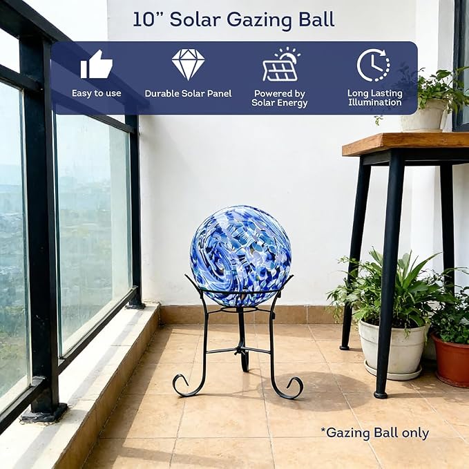Lily's Home Gazing Ball - 7.68" Glass Globe with Solar Powered Lights - Outdoor Solar Lights for Yard & Patio - Garden Decor - Automatic On/Off Photosensitive Switch - Blue