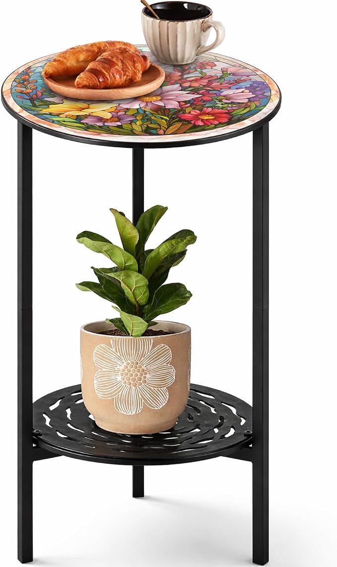 2-Tier Metal Round Side Table Accent Coffee Tables Small Space Corner Plant Stand Shelf for Indoor Outdoor Use Patio Balcony End Table Colorful Floral Print Weather-Resistant