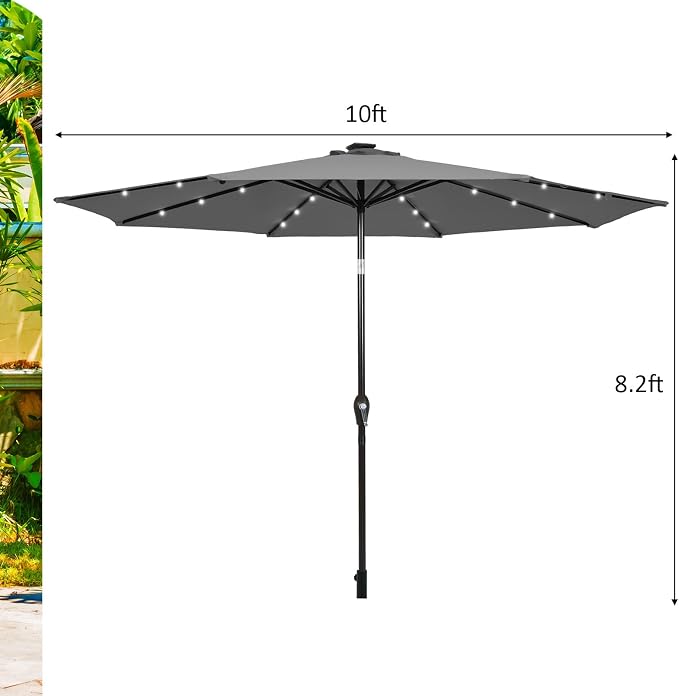 HAPPYGRILL 10FT Patio Umbrella with Lights Outdoor Solar Powered Sunbrella with Tilt Crank Umbrella for Garden Poolside Backyard Beach