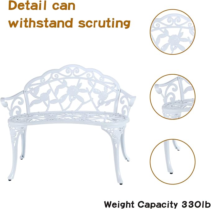 YKSY&YKSY Patio Garden Bench Metal Park Bench Cast Aluminum Outdoor Furniture with Floral Rose for Patio,Park,Lawn,Yard (White)