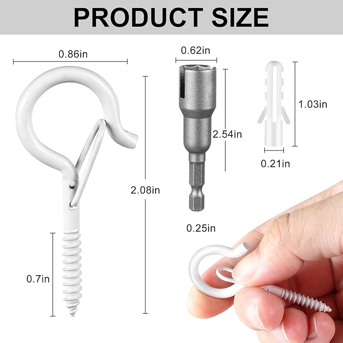 FSAH 48 PCS Q-Hanger Hooks, Screw Hooks for Outdoor String Lights, Safety Buckle Design Cup Eye Hook for Hanging Christmas Lights, Plants, Mounted on Wall Ceiling, Include 1 Wing Nut Driver, White