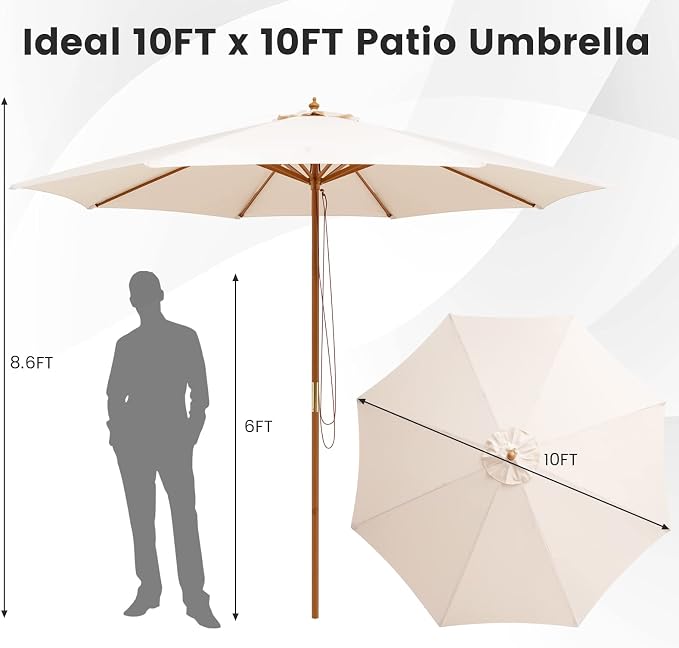 Tangkula Patio Umbrella Height Adjustable Wood Pole Outdoor Sun Shade Beige
