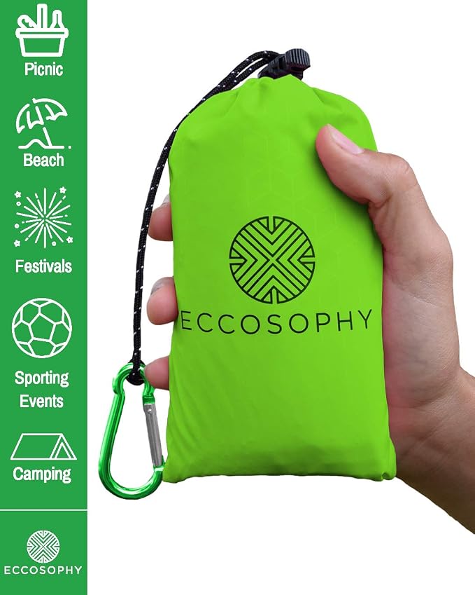 ECCOSOPHY Sand Proof Beach Blanket - Waterproof Picnic Blanket 60x55 Outdoor Compact Pocket Blanket Lightweight Ground Cover for Hiking Camping Festivals Sports Travel with Bag & Stakes (Green)