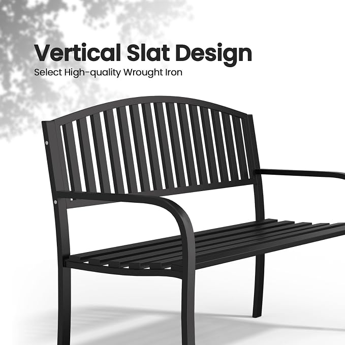 Garden Bench, 50" Outdoor Bench, 660LBS Wrought Iron Porch Bench, Patio Bench with Armrests for Garden Lawn or Yard, Black