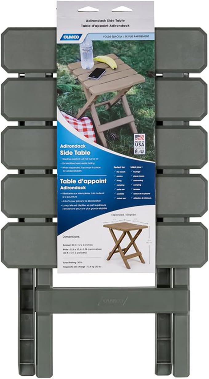Camco Adirondack Portable Outdoor Camping Small Weatherproof Rustproof Durable Plastic Folding Side Table for Indoor and Outdoor Use, Sage (2 Pack)
