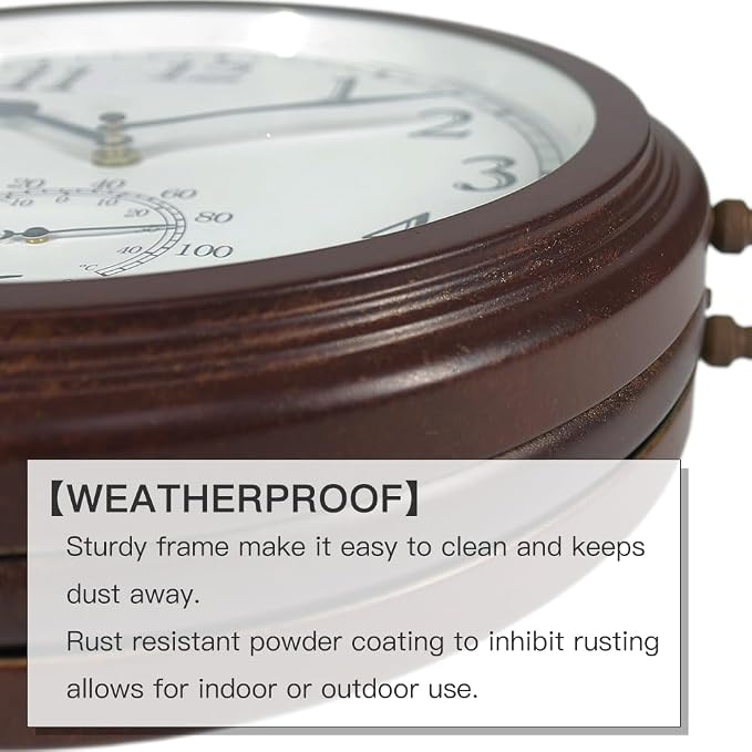 BESTIME 66276A Double Sided Metal Wall Clock with Antique Red Copper. Dial: 10-Inch,Thermometer, Quiet,Easy Read,Retro Station,Antique Hanging Clocks for Garden,Home Decor,Indoor,Outdoor,Living Room.