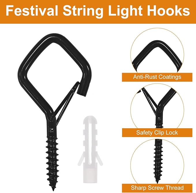 100 Pcs Screw Hooks for Outdoor String Lights, Q-Hanger Hook with Safety Buckle, Patio Wall Ceilling Square Eye Cup Hook for Hanging Plant Pots Christmas Decor Wire Fairy Led, Wind Nut Driver, Black