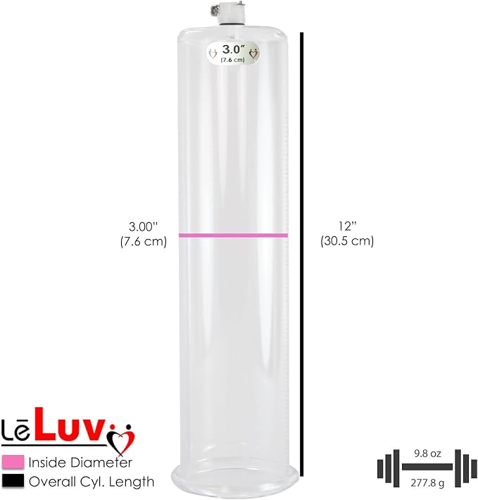 LeLuv Vibrating Penis Pump Maxi Red Handle + Protected Gauge - Bundle with Clear Hose - 12 inch Length x 3 inch Diameter Cylinder
