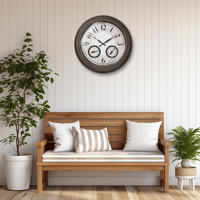 Presentime & Co. 18 Inch Illuminated Outdoor Clock, Waterproof Lighted Large Wall Clock with Thermometer & Hygrometer, Elegant & Vintage Home Decor for Garden, Patio, Pool, Grey Oak Finish