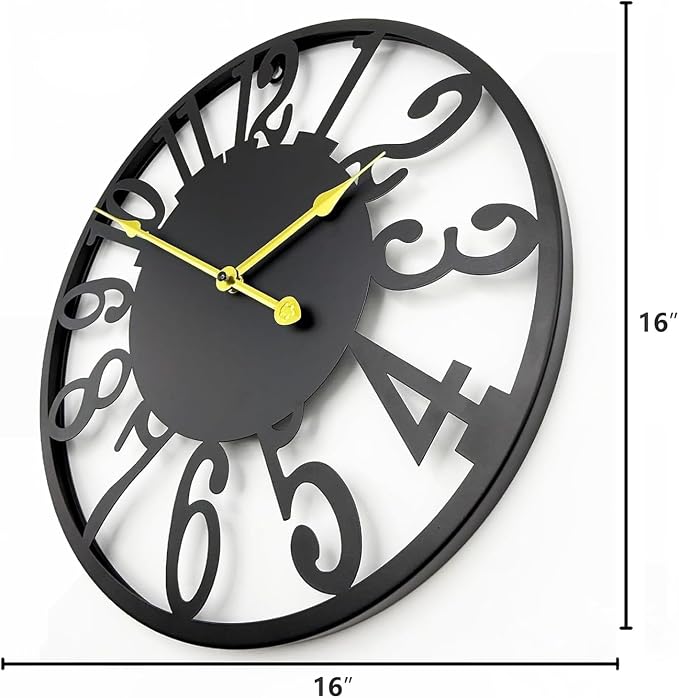 16 Inch Large Wall Clock, Black Metal Waterproof Outdoor Clock for Pool Area, Patio, Modern Farmhouse Wall Clock Silent Battery Operated for Living Room, Kitchen, Office