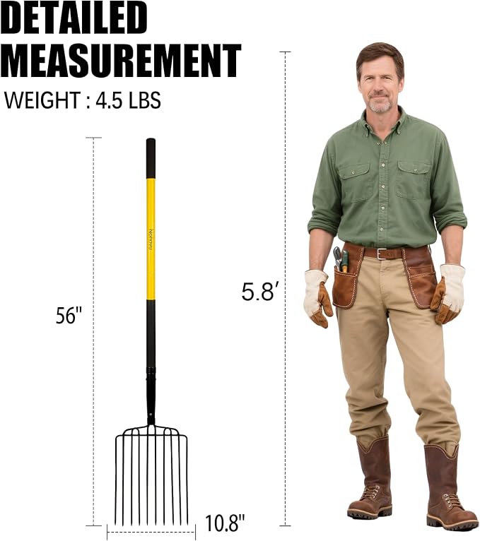 Nohovu Heavy Duty 10 Tine Pitchfork with Fiberglass Handle, 56 Inch Garden Fork for Hay, Compost, Mulch & Yard Work