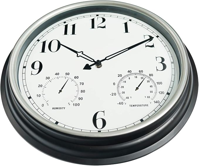 Rsobl 16 Inch Large Indoor Outdoor Wall Clock,Waterproof Non-Ticking Clock with Thermometer and Hygrometer Combo,Battery Operated Clock Wall Decorative- Silver