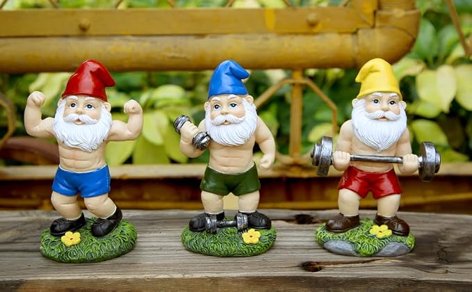 Funny Workout Garden Gnomes Statues 3pcs 6.2 Inches Outdoor Muscular, Barbell and Dumbbell Gnomes Decorations Set Gnome Gifts for Yard Lawn Patio, Indoor Gnome Figurine for Home Tabletop