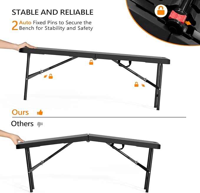 VINGLI 4 feet Plastic Folding Bench,Portable in/Outdoor Picnic Party Camping Dining Seat, Garden Soccer Multipurpose Entertaining Activities, Smooth HDPE Tabletop (1, Black, 4ft)