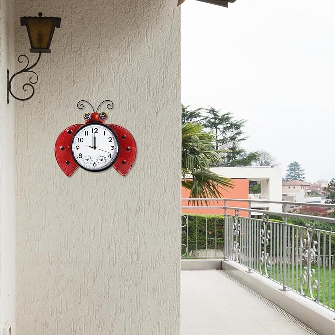 Outdoor Clock with Thermometer and Hygrometer Combo, 13 Inch | Silent No-Ticking, Wall-Mounted Clock Waterproof for Patio, Living Room, Kitchen, Red