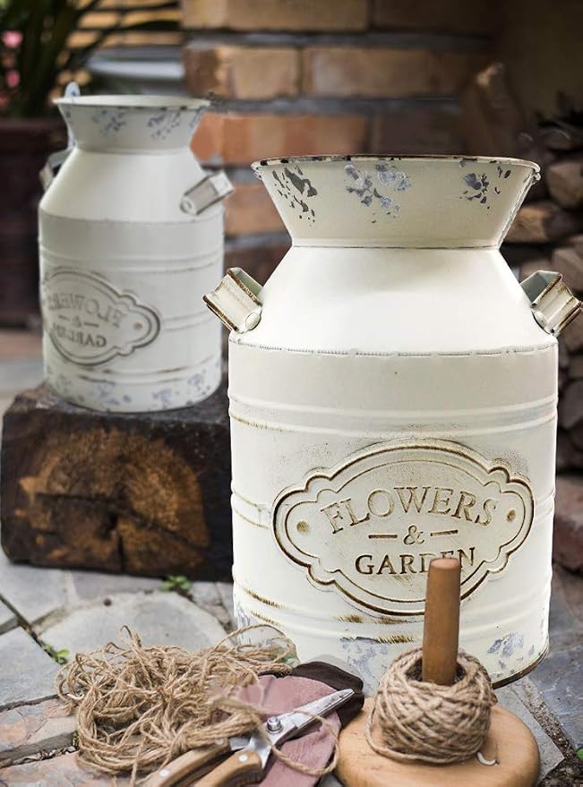 Vintage Rustic Farmhouse Galvanized Metal Shabby Chic Flower Vase Watering Can Tin Jug French Style Bucket Pot Pitcher Flower Holder Vase with Handle for Kitchen Garden Decor —Large,9.8" H