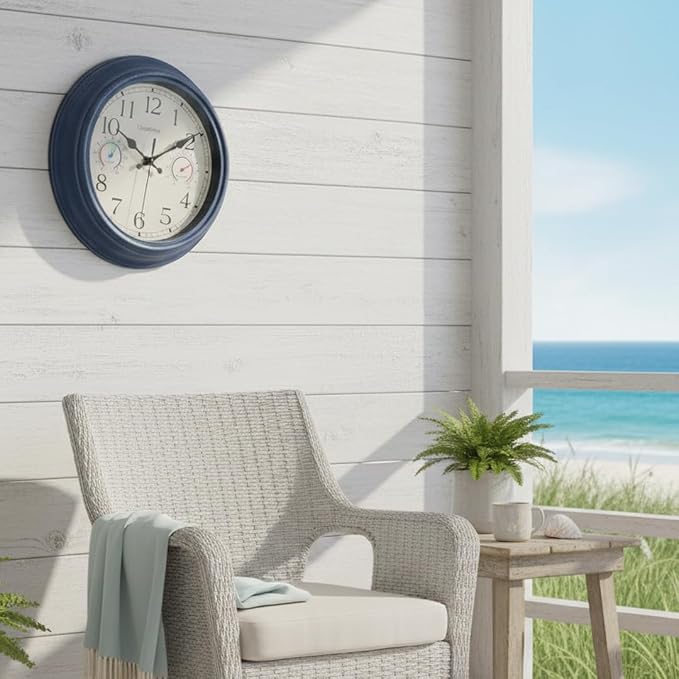 Crosstime 12 Inch Outdoor Clock Waterproof with Thermometer & Hygrometer – Silent Retro Wall Clock for Patio, Pool, Porch, Backyard, Bathroom – Blue