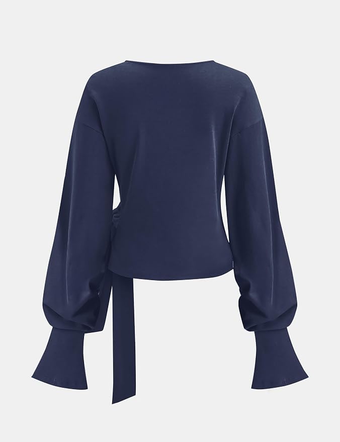 Dsewpaur Twist Knot Tie Front Sweatshirt Tops For Women Long Balloon Sleeve Crew Neck Pullover Casual Fall Outfits