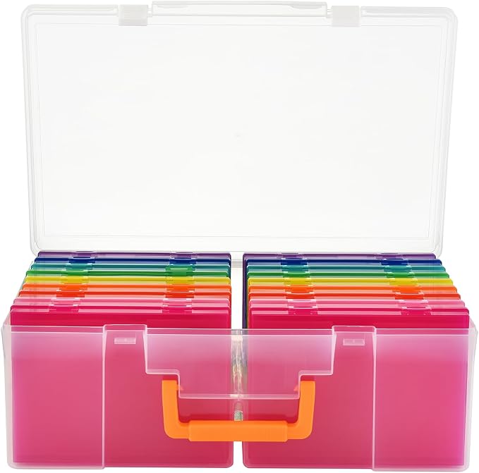 ALINK Photo Storage Box 5" x 7" with Handle, 18 pcs Inner Photo Container Organizer and Craft Keeper, Portable Picture Case with Label for Arts, Crafts, Sewing, Stickers, Office Supplies - Colored