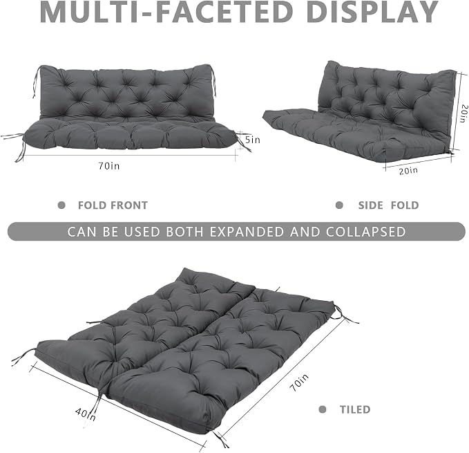 Porch Swing Cushions Waterproof Outdoor Swing Cushions 2-3 Seater Thicken 5" Dark Gray Patio Swing Cushion with Backrest 70 ×40" Swing Replacement Cushion for Outdoor Furniture