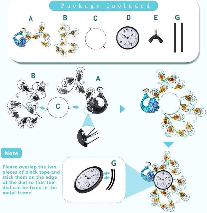 Unique Outdoor Clock Silent None-Ticking, Outdoor Wall Clock with Thermometer, Waterproof Outside Clock for Patio, Living Room, Kitchen (Blue Peacock)
