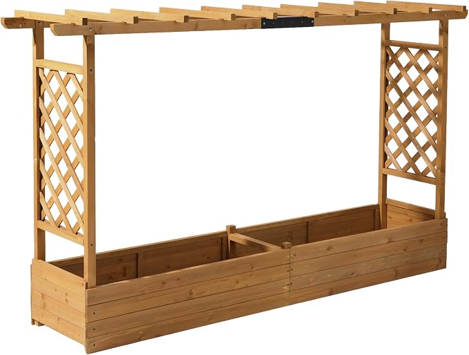 VINGLI Raised Garden Bed with Trellis & Hanging Roof, Wooden Planter Box with Drainage Holes for Outdoor Climbing Plants Vegetables Flowers, Patio Yard Balcony (Natural, Longer)