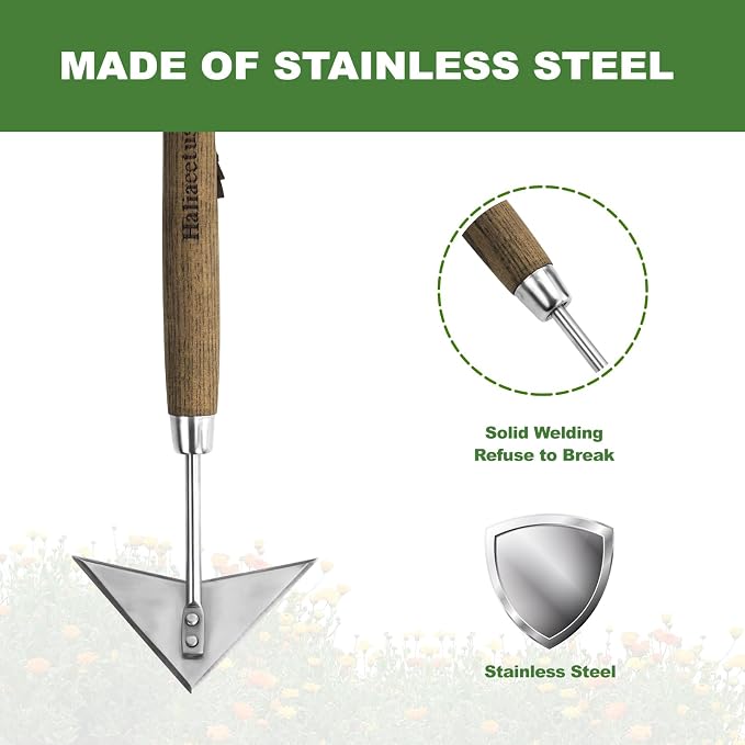 Haliaeetus Triangle Head Hoe, 15'' Scuffle Hoe for Weeding Precisely in Raised Bed, Stainless Steel Rogue Hoe for Weeding in Push-Pull Motion, Push Pull Hoe with Compact Size for Weeding Between Plant