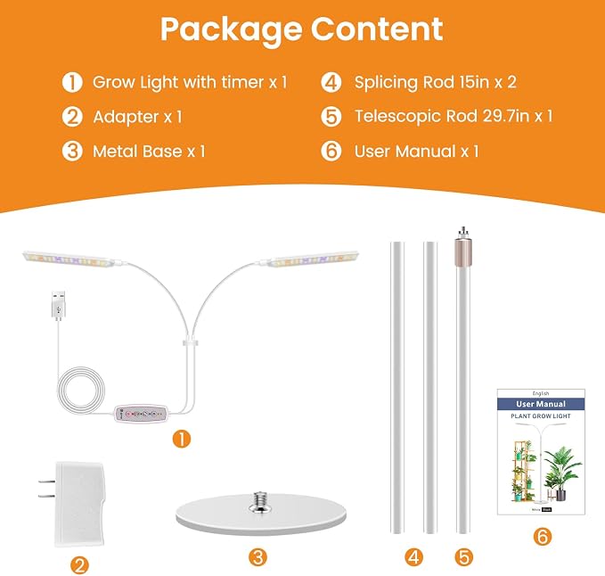 Kullsinss Grow Lights for Indoor Plants with Stand, 2-Heads Full Specturm Plant Grow Light with 4/8/12/16H Timer, 3 Color Modes, 360° Flexible Gooseneck, 24-68.7in Hight Adjustable Plant Growing Lamp