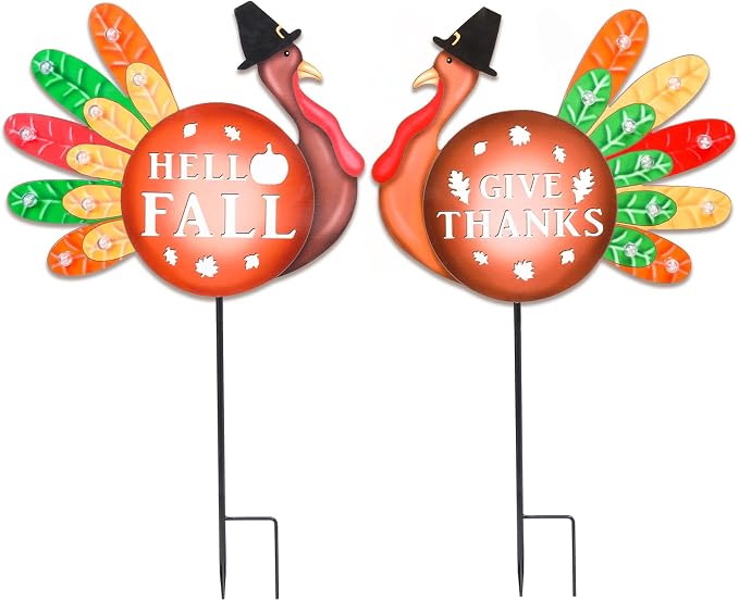 Fall Yard Decor Outdoor Autumn Harvest Garden Stakes with LED Light Autumn Two Turkeys Yard Sign with Stakes Fall Thanksgiving Decoration for Home Outside Lawn Garden Holiday Decor