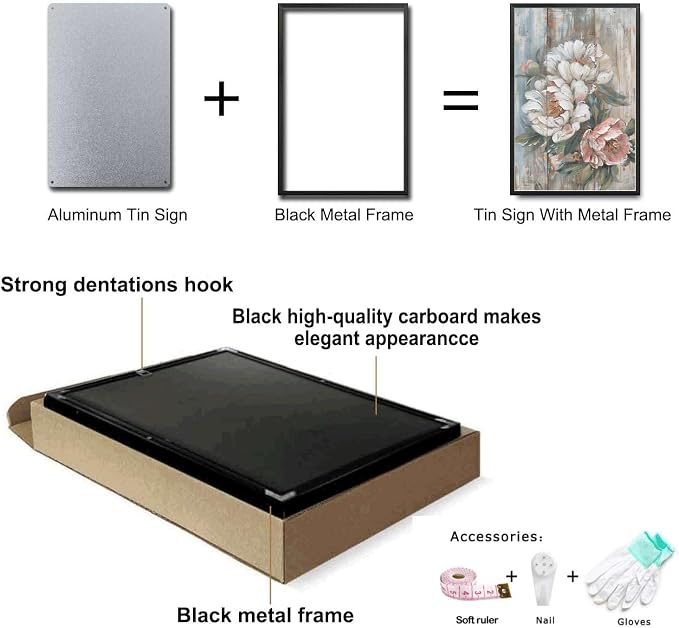 Metal Sign Tin Sign Vintage Rustic Display Peony Tin Sign for Easy Installation Weather Resistant Design and Vintage Grandeur Bar Signs for Home Decor for Club 8×12 Inches with Metal Frame