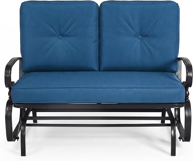 Giantex Outdoor Glider Bench, Patio 2 Person Loveseat with Removable Cushion, Thick Padded Seat, Stable Steel Frame, Outside Glider Swing Chair for Deck, Poolside, Yard, Porch Glider (Blue)