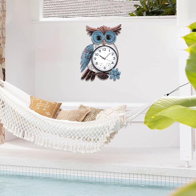 MUMTOP Owl Outdoor Clock Waterproof, 14.56 Inch Outside Wall Clock with Thermometer Combo for Patio Pool Garden Home Decor