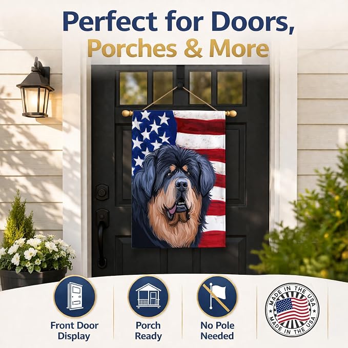 Caroline's Treasures CK6739CHF Tibetan Mastiff American Flag House Flag Large Porch Sleeve Pole Decorative Outside Yard Banner Artwork Wall Hanging, Polyester, House Size, Multicolor